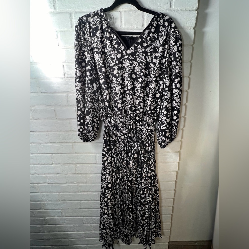Lane Bryant Flowy Crepe Pleated Midi Puff Sleeve Dress Sz 22 Black/White #0574